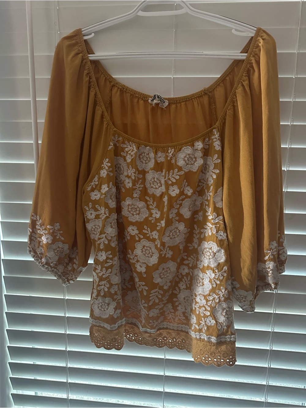 Savanna Jane Mustard Yellow Embroidered Peasant Blouse